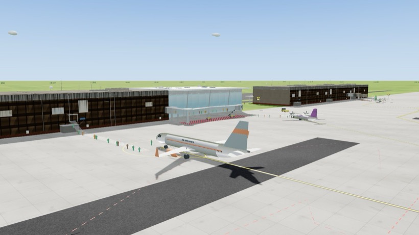 A jet boarding by stairs beside a future-era glass terminal