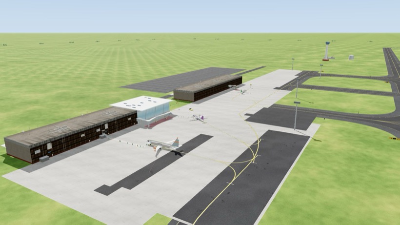 Terminals along the apron with aircraft on stands